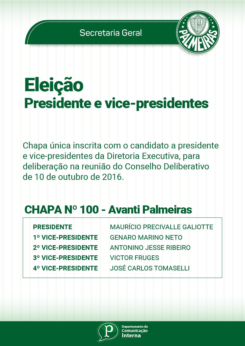 Eleição com chapa única definirá novo presidente do Palmeiras em novembro