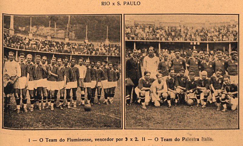 Divulgação _ Retrato das duas equipes no primeiro duelo disputado no Rio de Janeiro, no estádio das Laranjeiras