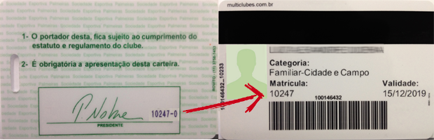 O número da matrícula pode ser encontrado no verso das carteirinhas antiga (esq.) e nova (dir.), conforme exemplo