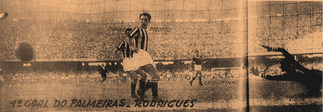 Momento do primeiro gol do Verdão, marcado por Rodrigues